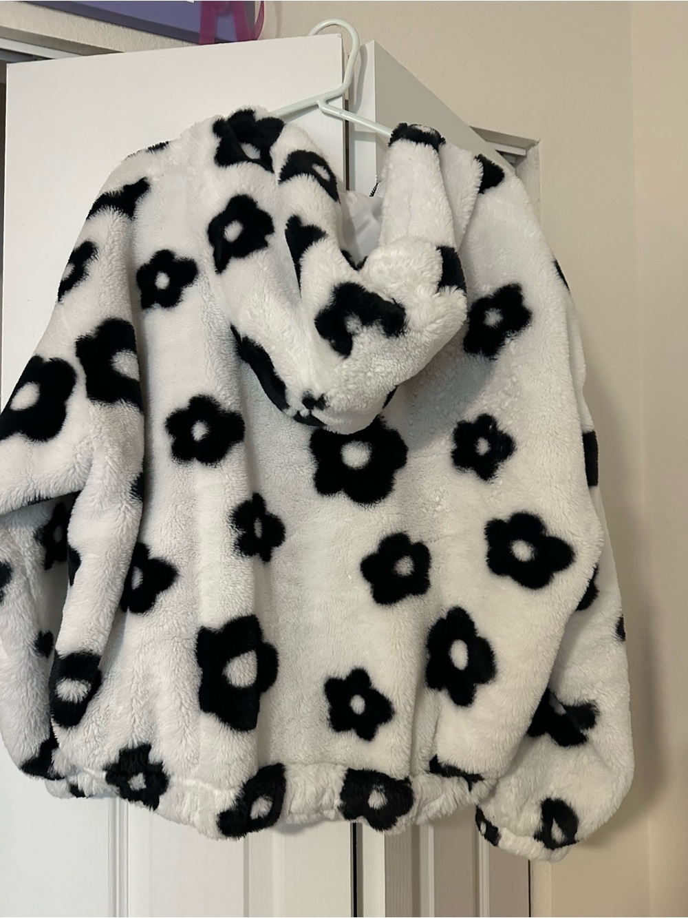 Black & White Floral Faux Fur Hooded Jacket size medium